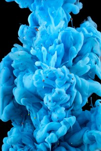 Color Liquid in dynamic flow forming interesting and unique shapes and bubbles. Colorful tones mixing in an unique pattern. Artistic design. Isolated on black background.