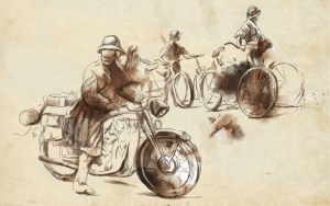 Soldiers on bicycles and a soldier on a motorcycle